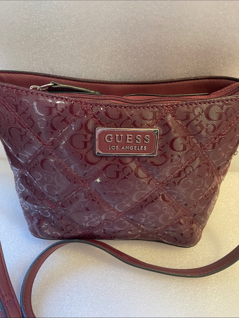 GUESS Los Angeles Burgundy Patent Crossbody Bag